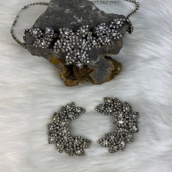 Vintage 40s Prong Set Rhinestone Demi Parure 3 Pc Necklace & Brooch Set - Picture 1 of 14